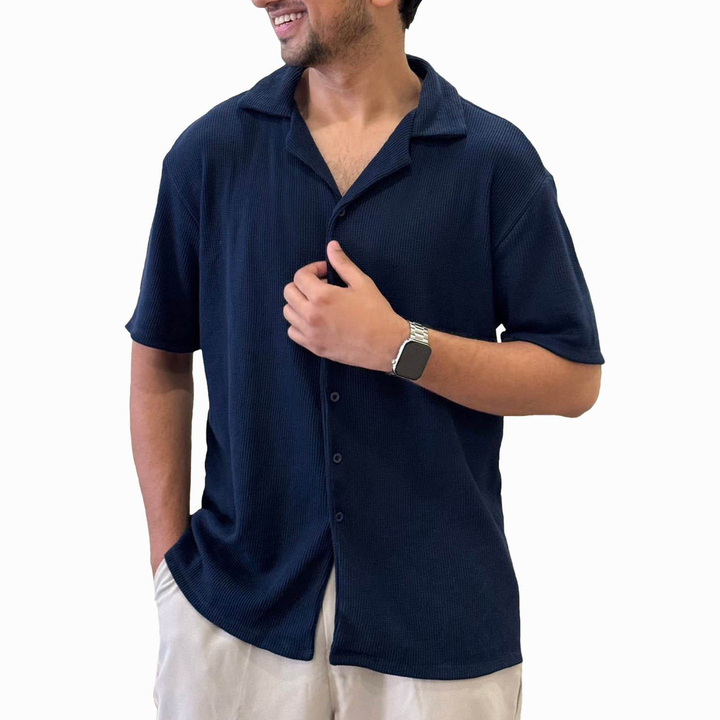 Navy Blue Waffle Knit Cuban Collar Shirt