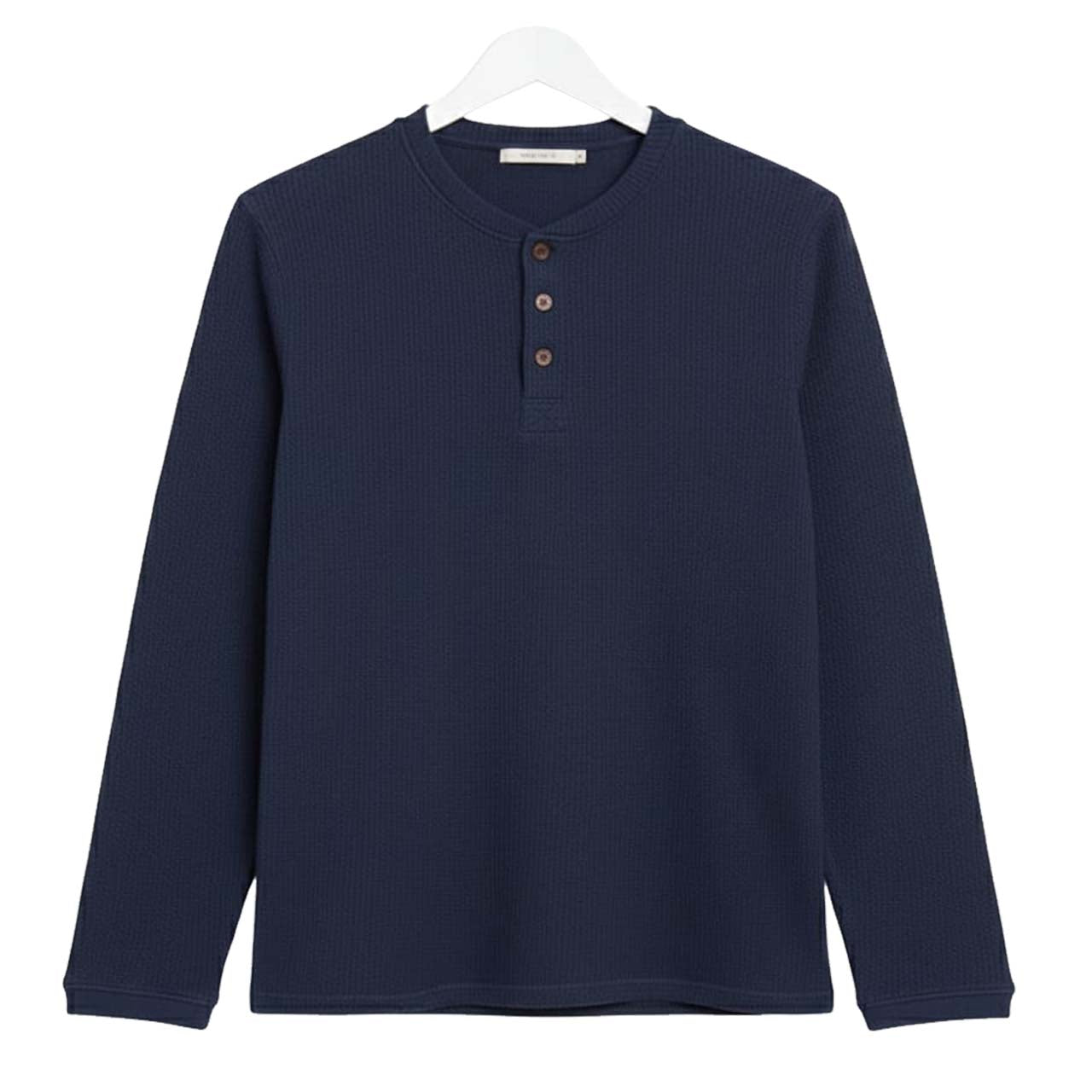 Oversized Waffle Knit Henley Long Sleeve T-Shirt | Navy
