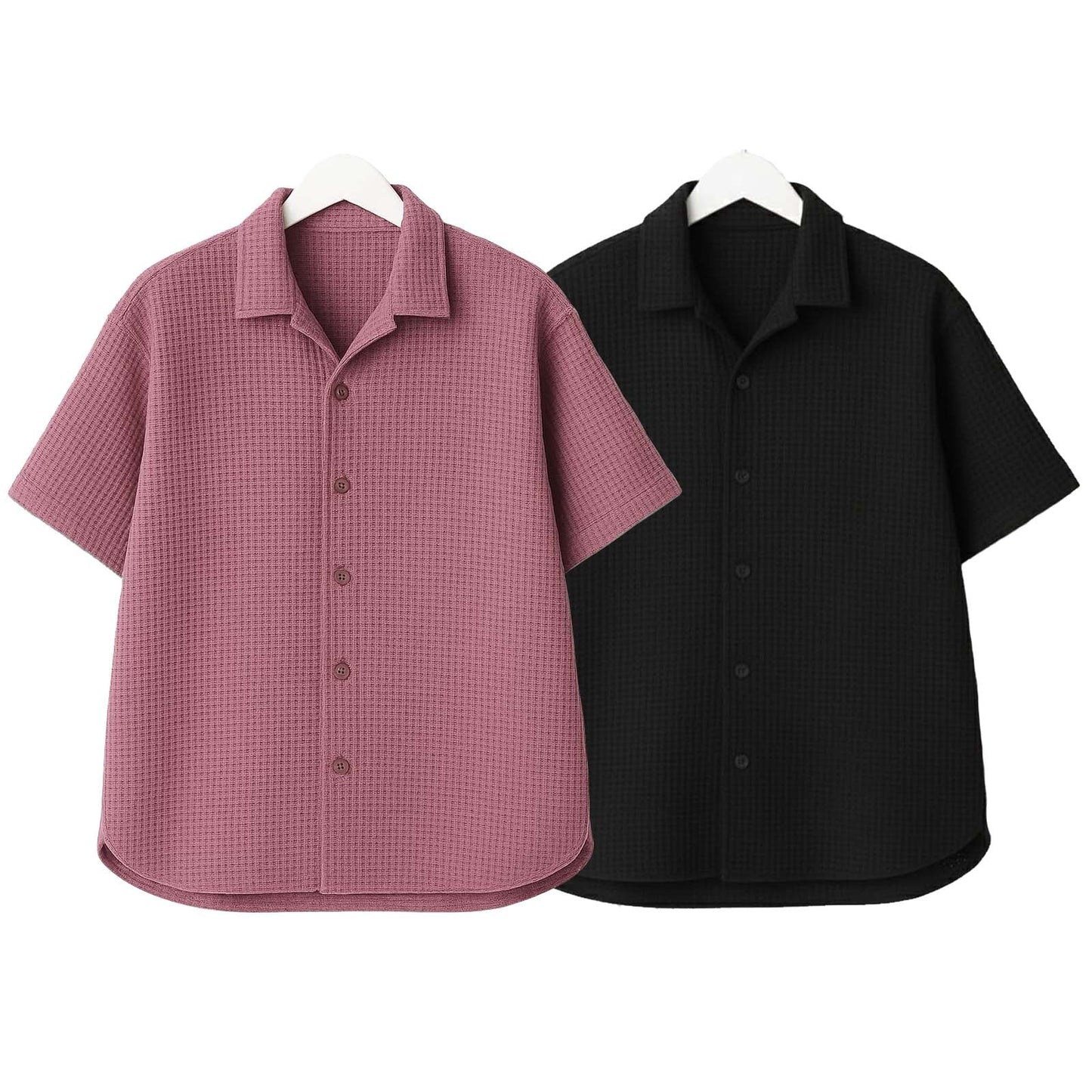 Pack of 2 Waffle Knit Cuban Collar Shirts – Lilac & Black