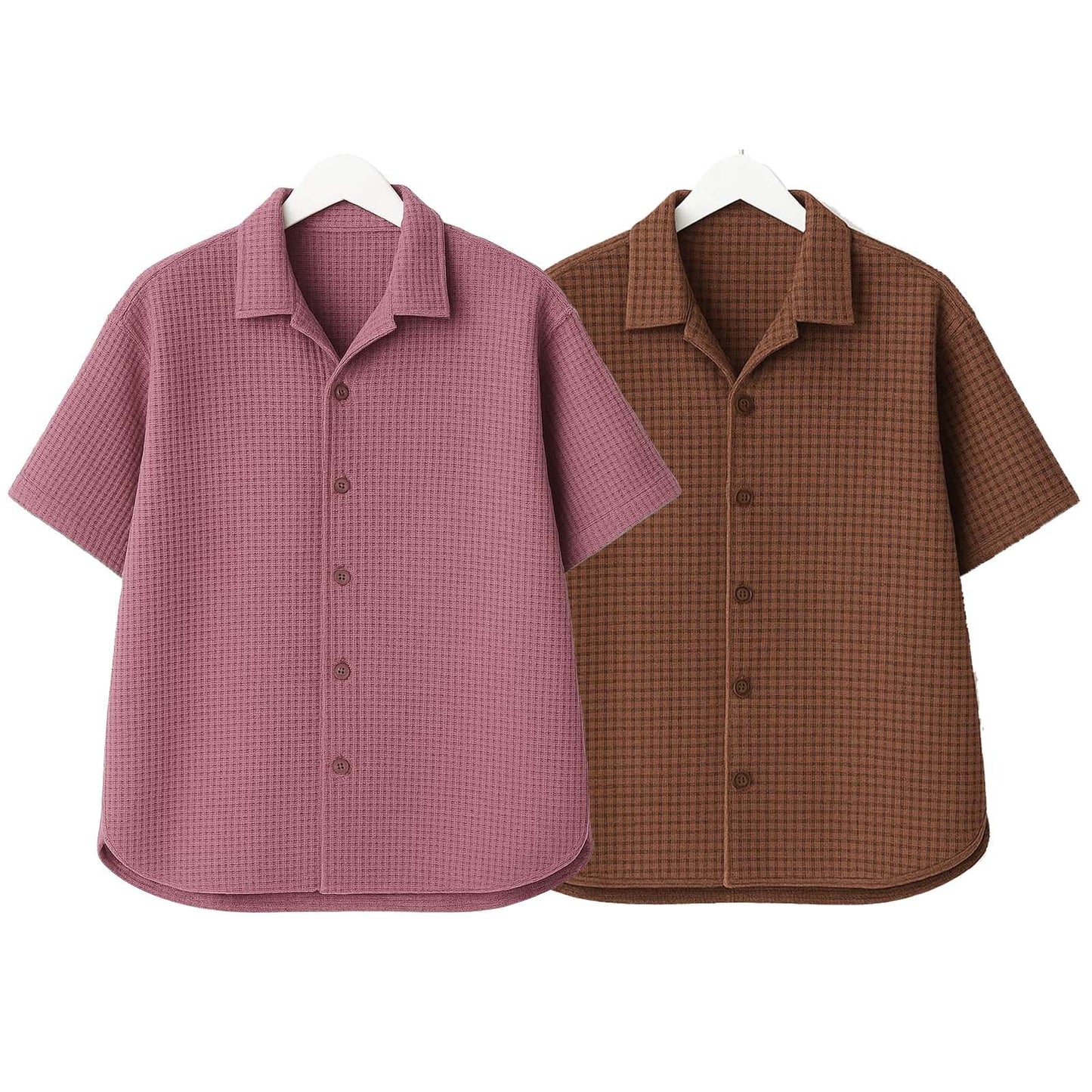 Pack of 2 Waffle Knit Cuban Collar Shirts – Lilac & Brown