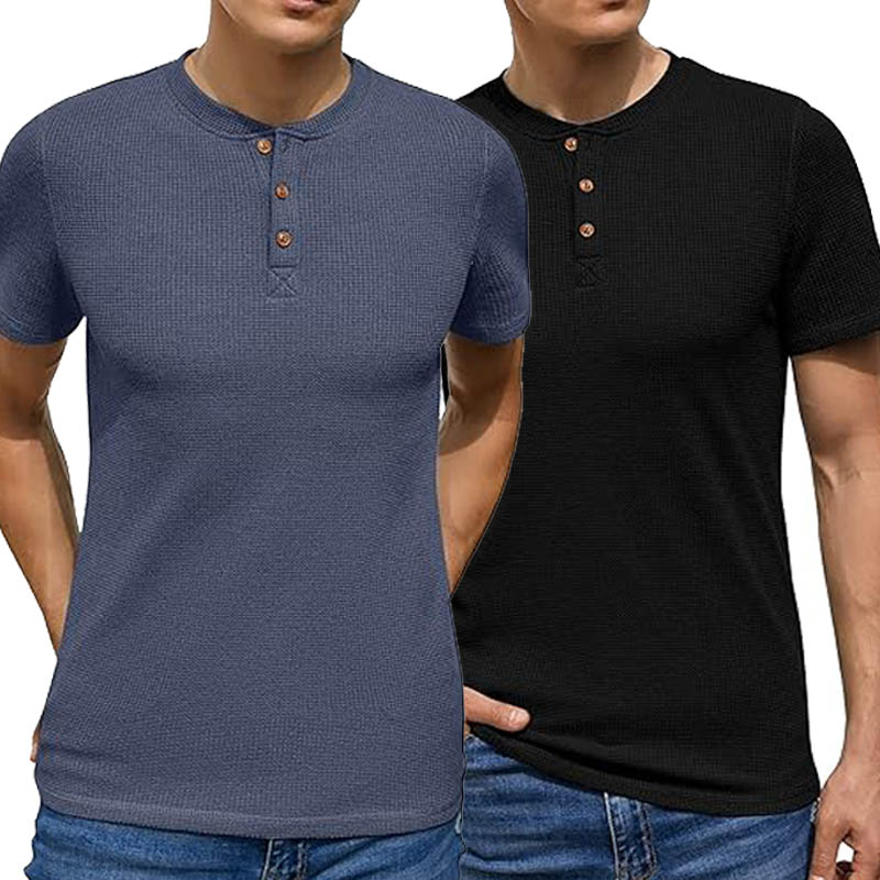 Pack of 2 Waffle Henley T-Shirts – Navy Blue & Black