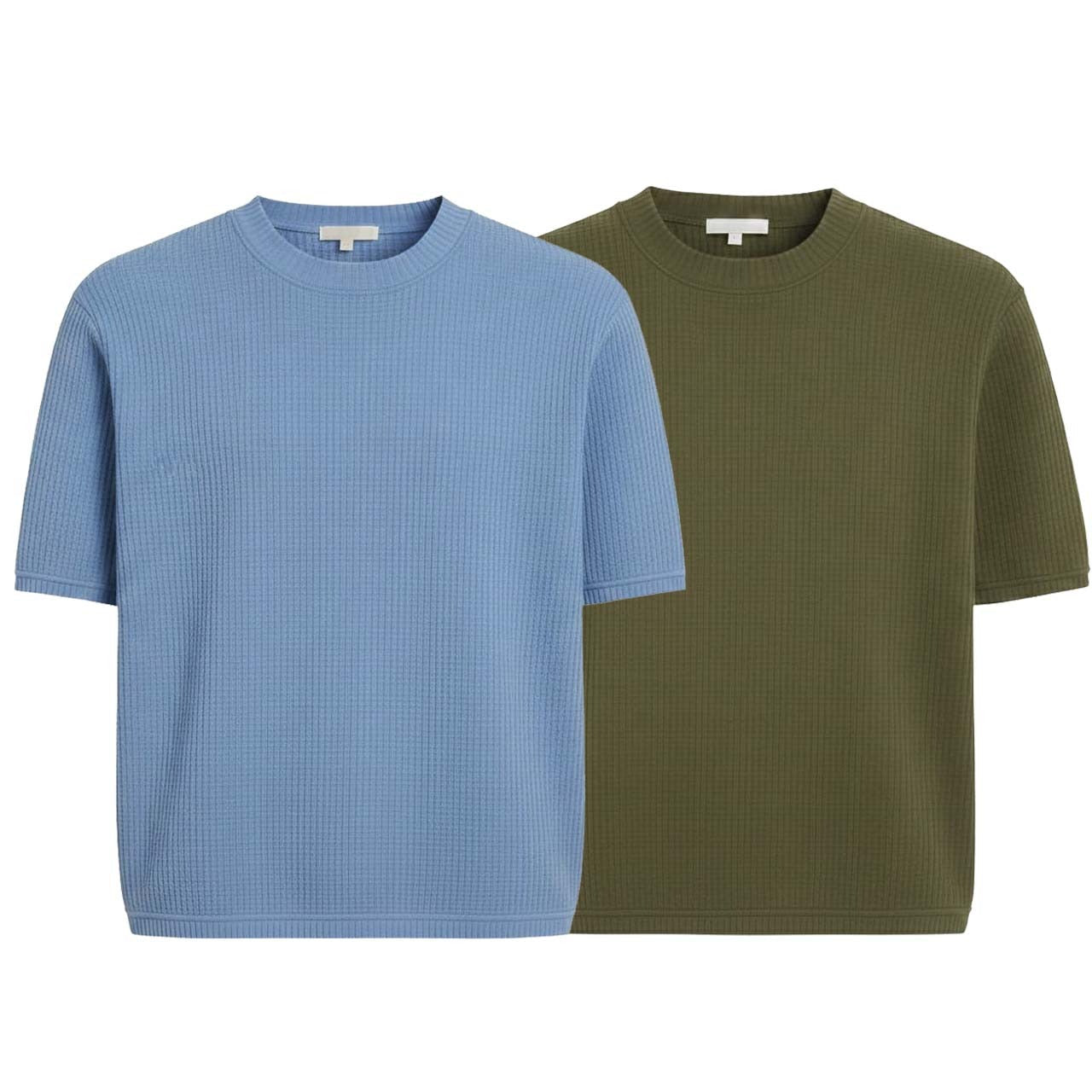Oversized Waffle Knit Half Sleeve Tee – Sky Blue & Green
