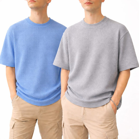 Pack of 2 Oversized Waffle Knit Half Sleeve T-Shirts – Sky Blue & Grey