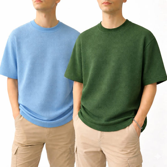 Oversized Waffle Knit Half Sleeve Tee – Sky Blue & Green