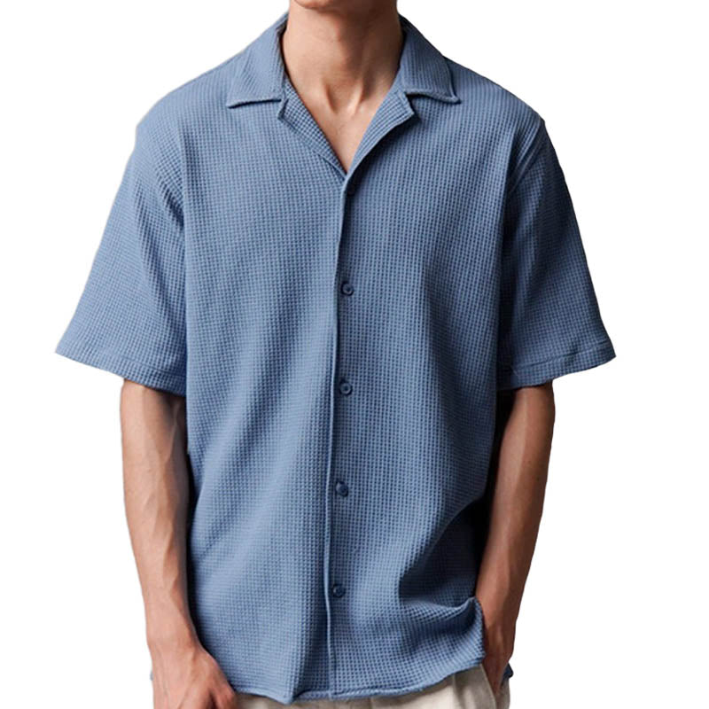 Steel Blue Waffle Knit Cuban Collar Shirt