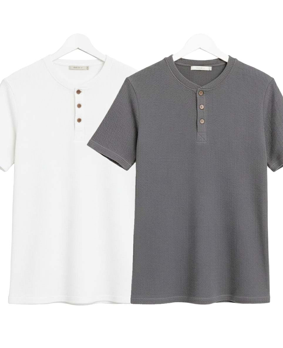 Pack of 2 Waffle Henley T-Shirts – White & Grey