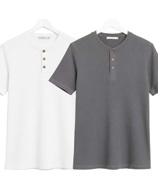 Pack of 2 Waffle Henley T-Shirts – White & Grey