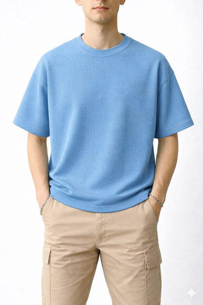 Pack of 2 Oversized Waffle Knit Half Sleeve T-Shirts – Sky Blue & Green