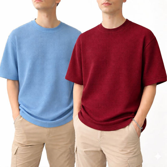 Pack of 2 Oversized Waffle Knit Half Sleeve T-Shirts – Sky Blue & Maroon