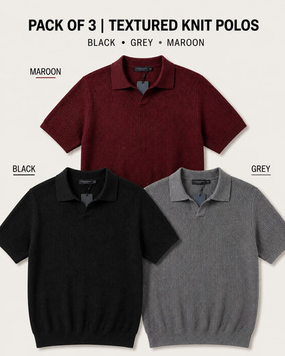 Pack of 3 Johnny Collar Polos – Black, Maroon & Grey