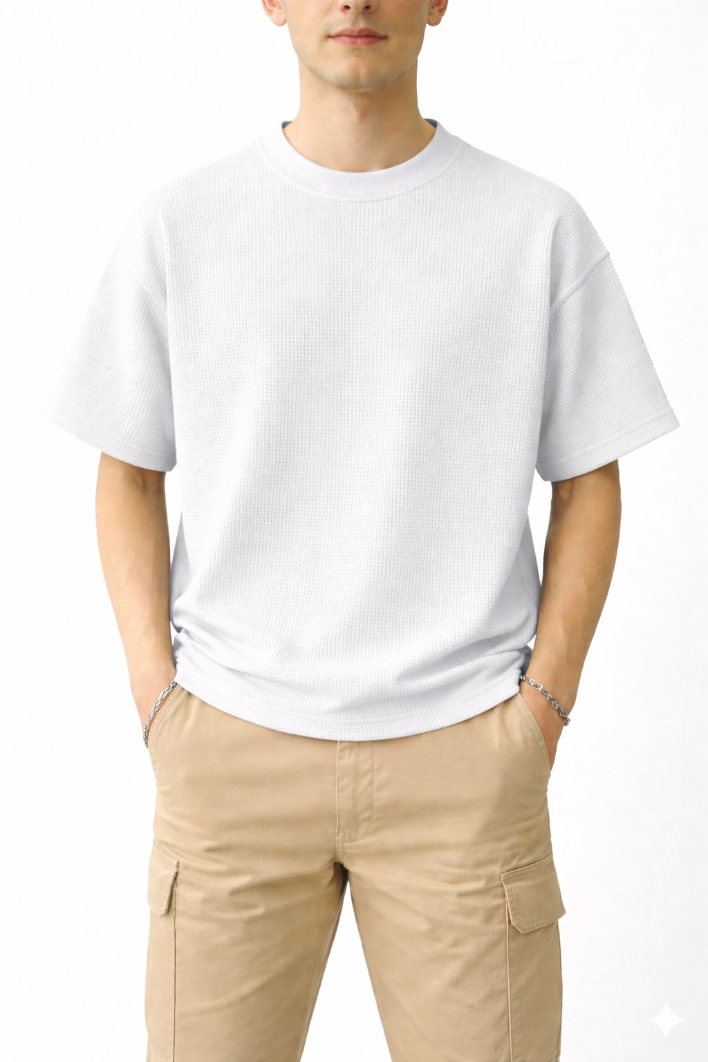 Oversized Waffle Knit Half Sleeve Tee – Black & White