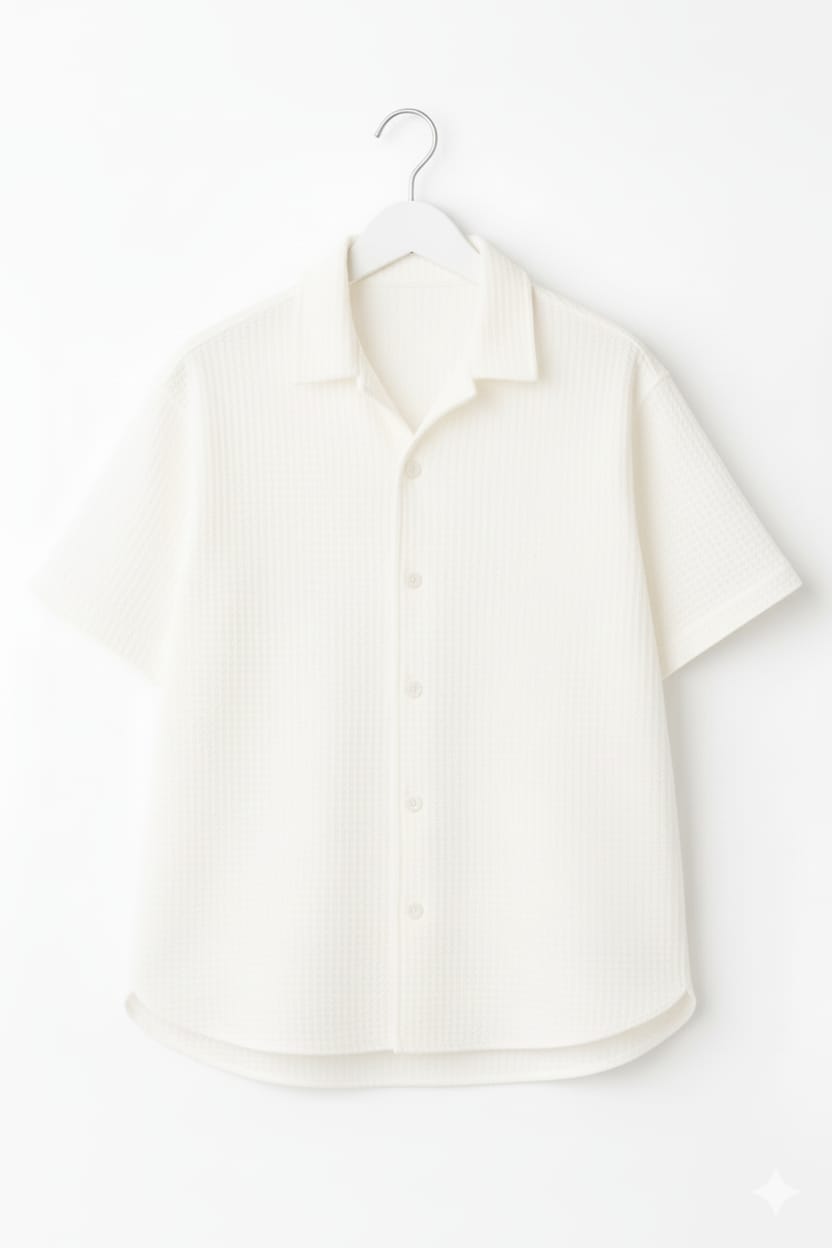 White Waffle Knit Cuban Collar Shirt