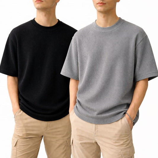 Oversized Waffle Knit Half Sleeve Tee – Black & Grey