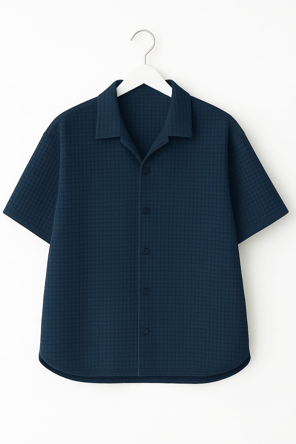 Navy Blue Waffle Knit Cuban Collar Shirt