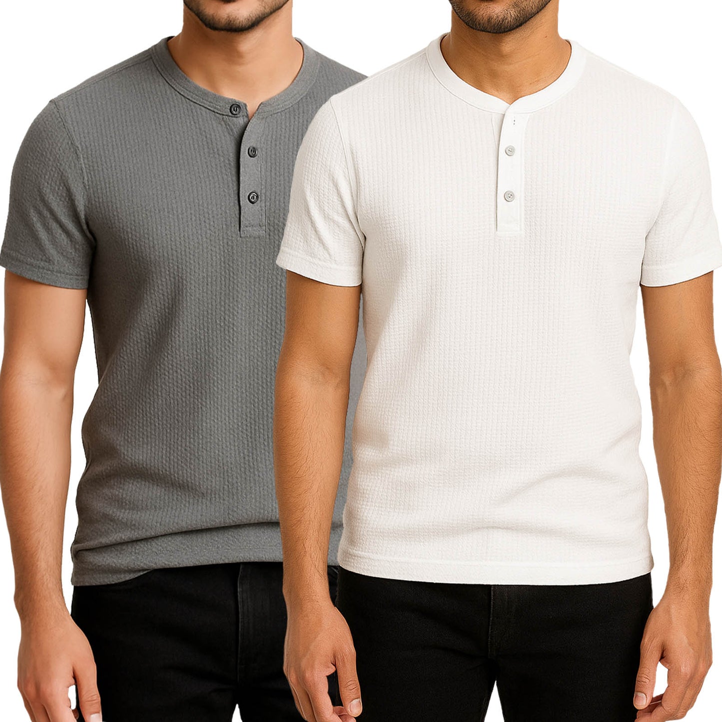 Pack of 2 Waffle Henley T-Shirts – White & Grey