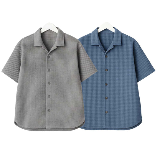 Pack of 2 Waffle Knit Cuban Collar Shirts – Steel Blue & Hazel Grey